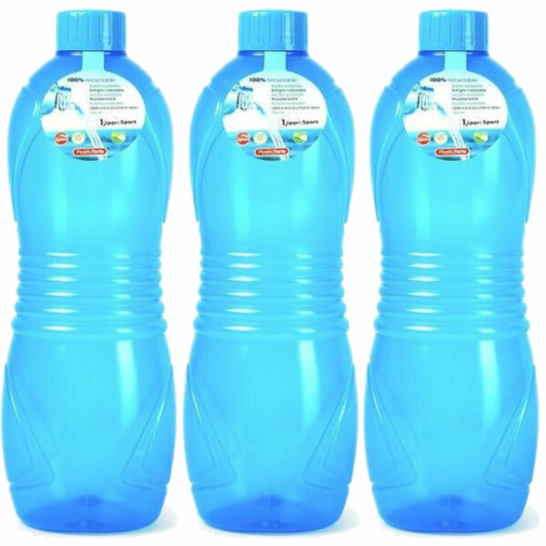 Plasticforte Drinkfles/waterfles/bidon - 3x - 1000 ml - transparant/blauw - kunststof
