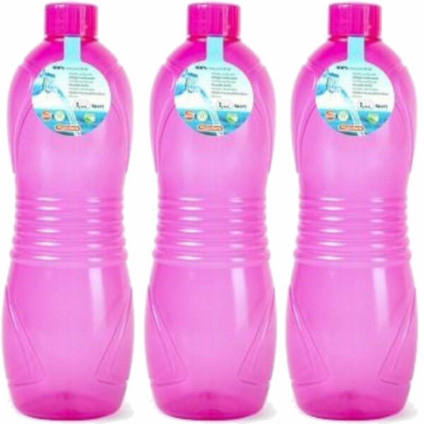 Plasticforte Drinkfles/waterfles/bidon - 3x - 1000 ml - transparant/roze - kunststof