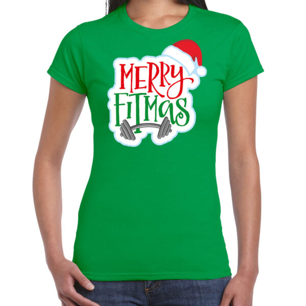 Groen Kerstshirt / Kerstkleding Merry fitmas voor dames