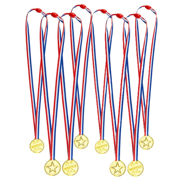 Verkleed medailles met lint - 8x - goud - kunststof - 3.5 cm - speelgoed