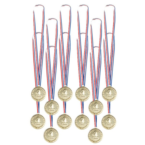 Verkleed medailles met lint - 12x - goud - kunststof - 7.5 cm