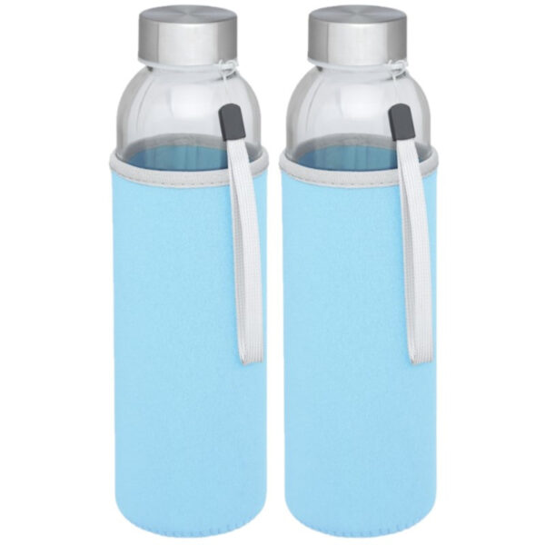 Glazen waterfles/drinkfles - 2x stuks - softshell bescherm hoes blauw - 500 ml - Sportfles - Bidon