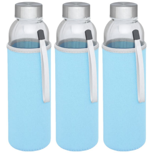 Glazen waterfles/drinkfles - 3x - softshell hoes - blauw - 500 ml