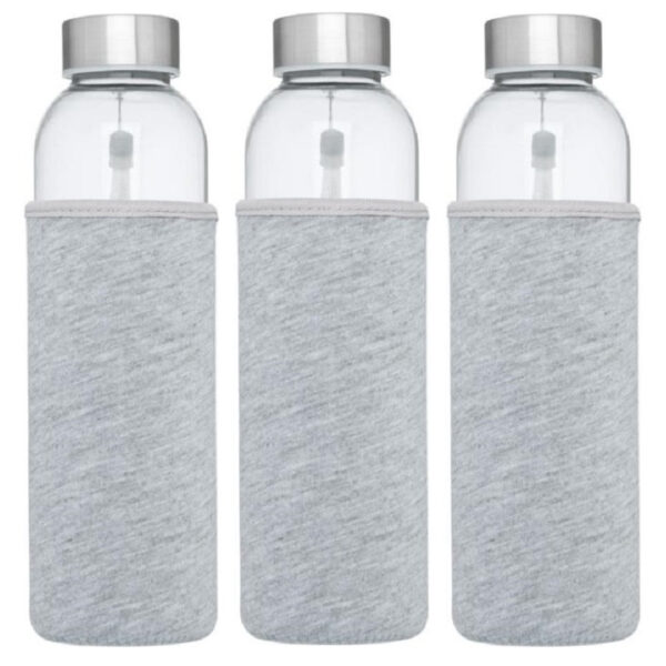Glazen waterfles/drinkfles - 3x stuks - softshell bescherm hoes grijs - 500 ml - Sportfles - Bidon