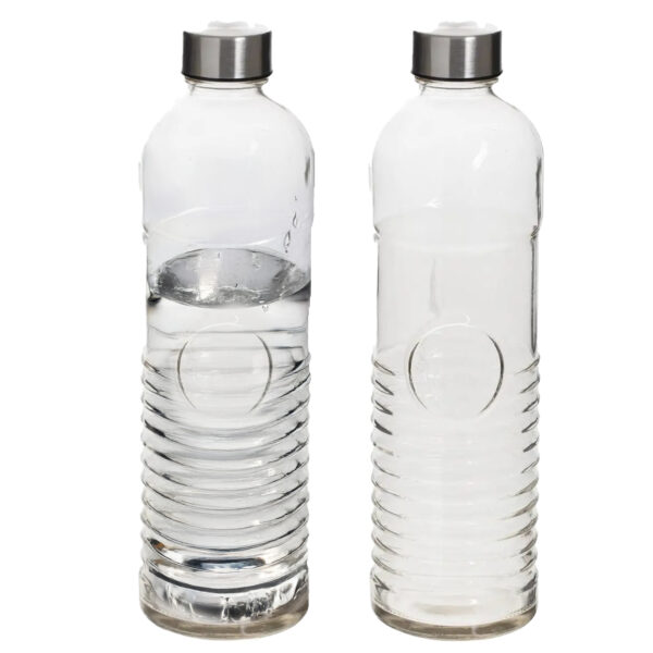 5Five Waterfles - 2x -1 liter - gehard ribbel glas - D8 x H29 cm -drinkfles