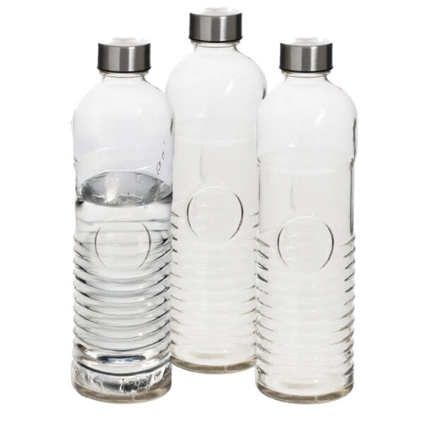 Waterfles - Set van 3x stuks -1 liter - gehard ribbel glas - D8 x H29 cm - drinkfles - Glazen drink