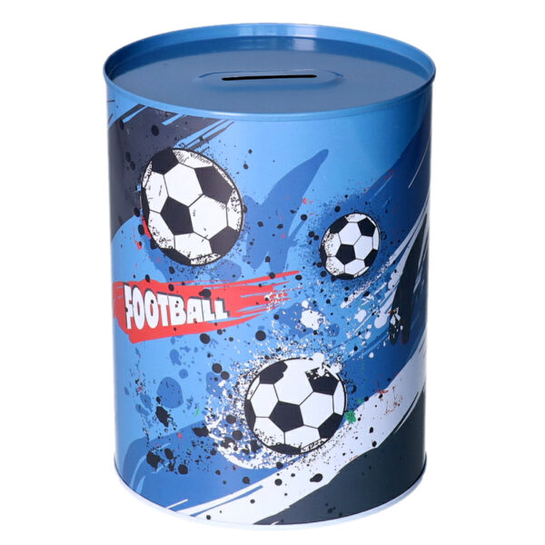 Spaarpot blik voetbal thema - blauw - D12 x H16 cm - Football tekst - sport cadeau