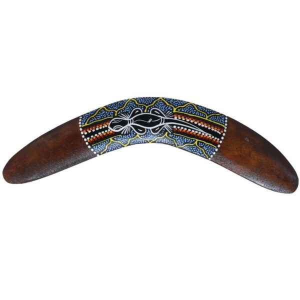 Wanddecoratie Boomerang ornament - hout - 40 cm - bruin met print - Australie thema
