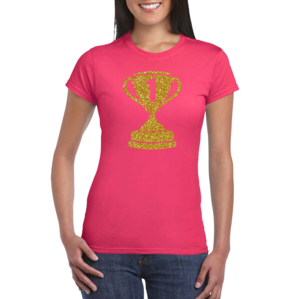Nr.1 Gouden winnaars beker t-shirt roze voor dames