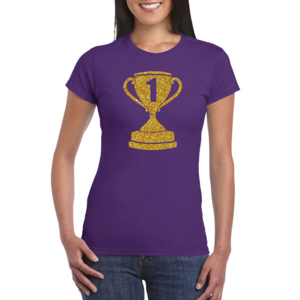 Nr.1 Gouden winnaars beker t-shirt paars voor dames