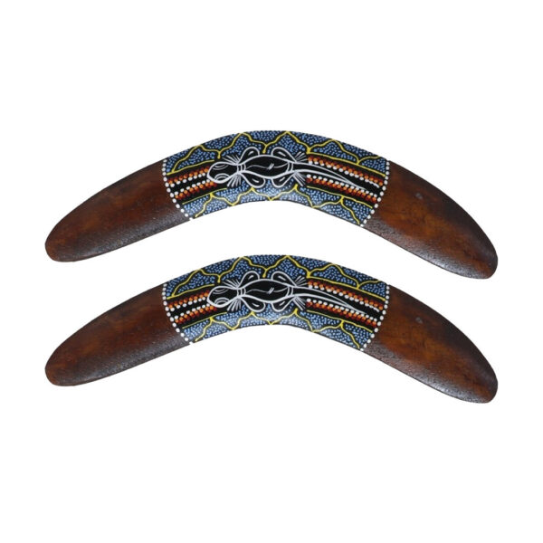 Wanddecoratie Boomerang ornament - 2x - hout - 30 cm - bruin/print