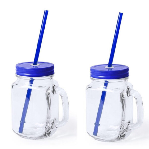 Mason Jar drinkbekers - 2x stuks - glas - dop blauw met rietje - 500 ml - afsluitbaar - fruit shakes