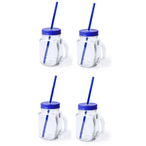Mason Jar drinkbekers - 4x stuks - glas - dop blauw met rietje - 500 ml - afsluitbaar - fruit shakes