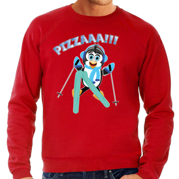 Apres ski sweater voor heren - Pizzaaaa! - pinguin - rood - wintersport - snowboarden