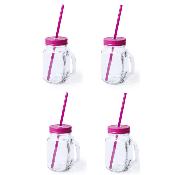 Mason Jar drinkbekers - 6x stuks - glas - dop roze met rietje - 500 ml