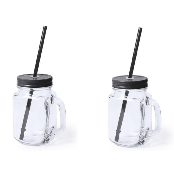 Mason Jar drinkbekers - 2x - glas - dop zwart met rietje - 500ml