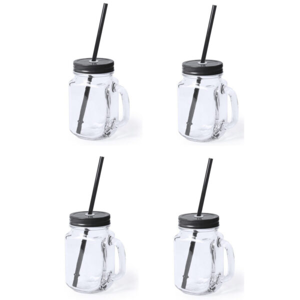 Mason Jar drinkbekers - 4x stuks - glas - dop zwart met rietje - 500 ml - afsluitbaar - fruit shakes