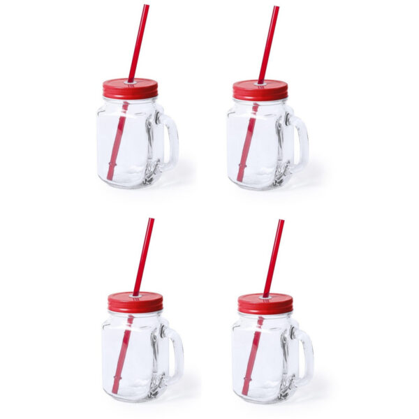 Mason Jar drinkbekers - 4x stuks - glas - dop rood met rietje - 500 ml - afsluitbaar - fruit shakes