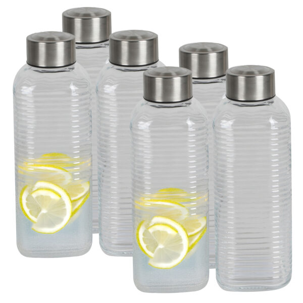 Urban Living Waterfles/drinkfles Vertigo - 6x - glas - transparant - met RVS dop - 750 ml