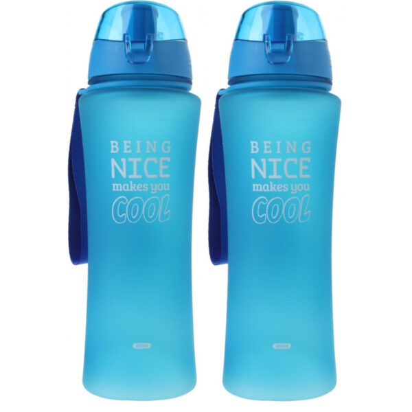 2x Blauwe sportfles/sportbeker met sportdop 480 ml Being nice makes you cool