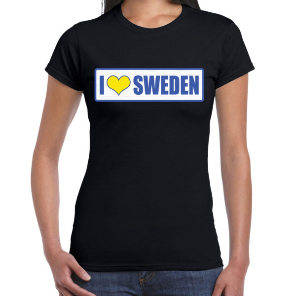 I love Sweden / Zweden landen shirt met bordje in de kleuren van de Zweedse vlag zwart voor dames