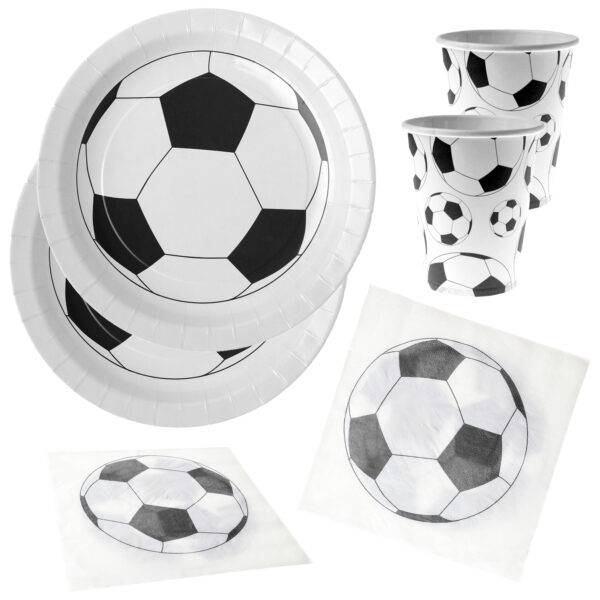 Voetbal feest wegwerp servies set - 10x bordjes / 10x bekers / 20x servetten - wit/zwart