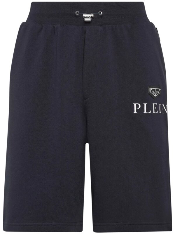 Philipp Plein short en coton mélangé à plaque logo - Bleu
