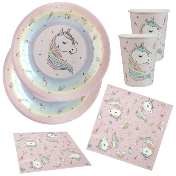 Eenhoorn feest wegwerp servies set - 10x bordjes / 10x bekers / 20x servetten - roze