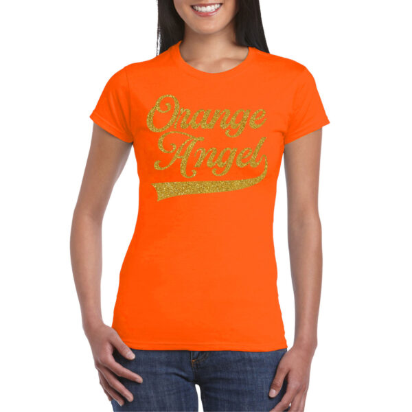 Verkleed T-shirt voor dames - orange angel - oranje - glitter - EK/WK voetbal supporter - Nederland