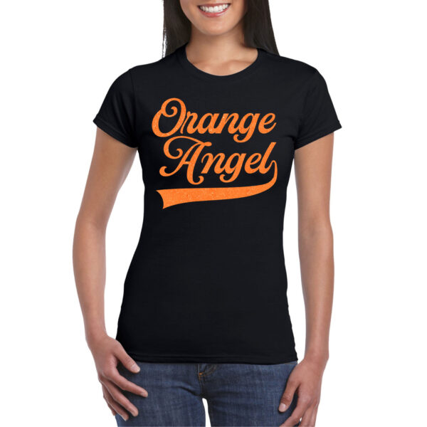 Bellatio Decorations Verkleed T-shirt voor dames - orange angel - zwart - glitter - EK/WK supporter