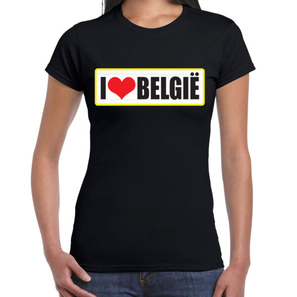 I love Belgie landen shirt met bordje in de kleuren van de Belgische vlag zwart voor dames