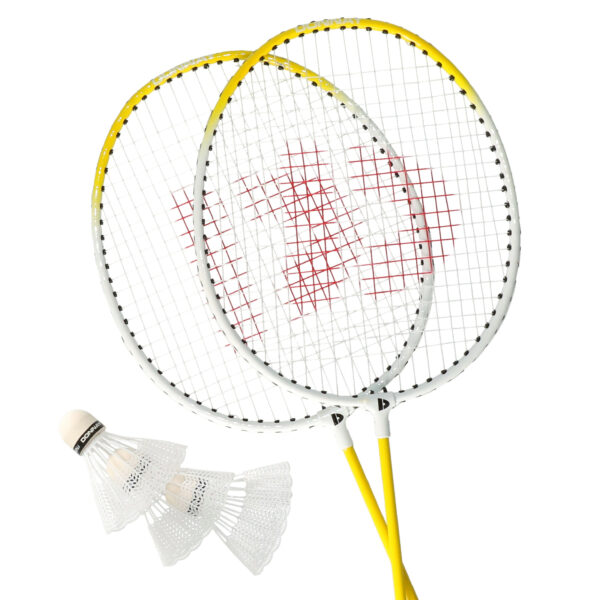 Donnay Badminton rackets - 2x stuks - geel - 66 x 20 cm - met shuttels en draagtas