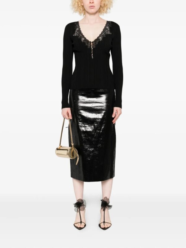 Self-Portrait Geribbelde top met kanten afwerking - Zwart