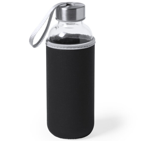 Waterfles/drinkfles Bidon - met softshell bescherm hoes - zwart - glas - 420 ml - Sportfles