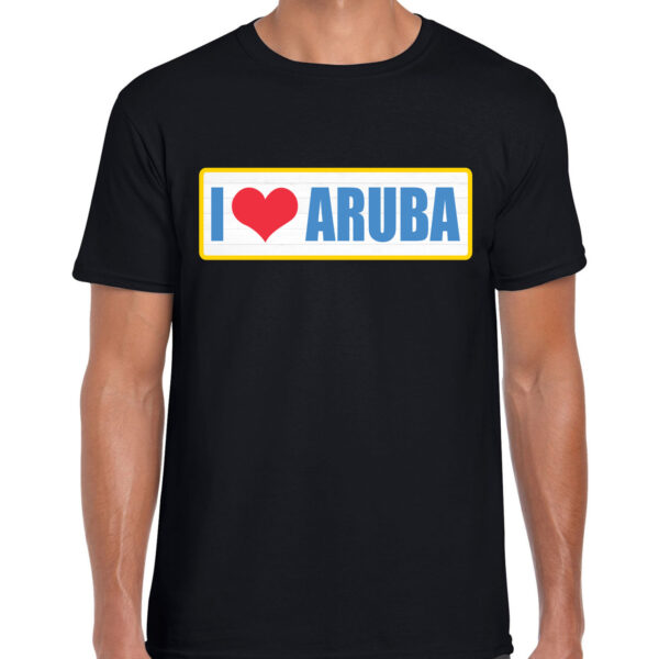 I love Aruba landen shirt met bordje in de kleuren van de Arubaanse vlag zwart voor heren