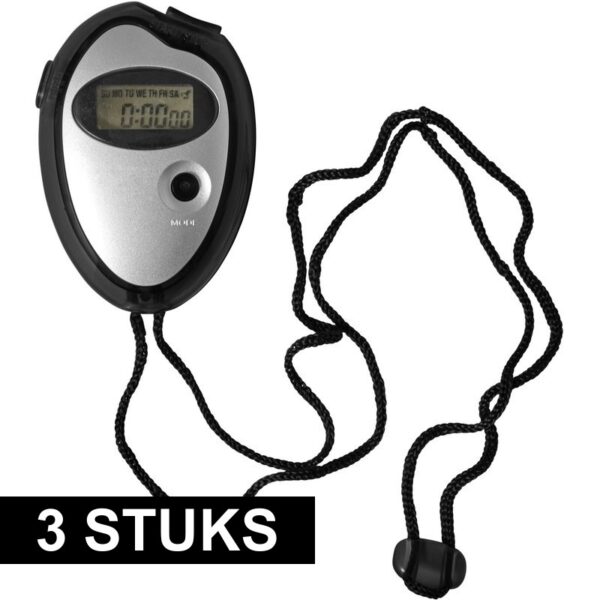 Voordelige digitale sport stopwatch - 3x - zwart/zilver - 7.5 cm
