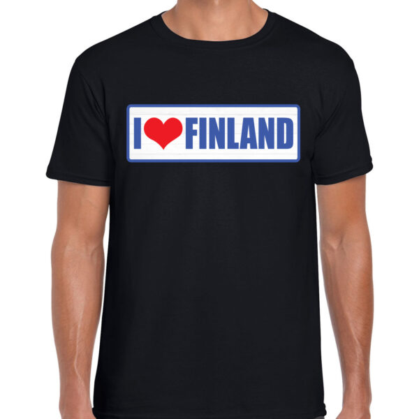 I love Finland landen shirt met bordje in de kleuren van de Finse vlag zwart voor heren