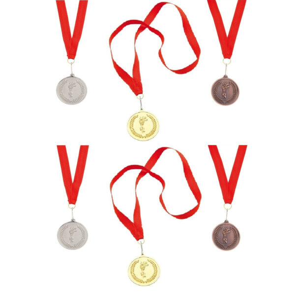 12x stuks medailles goud/zilver/brons aan rood lint