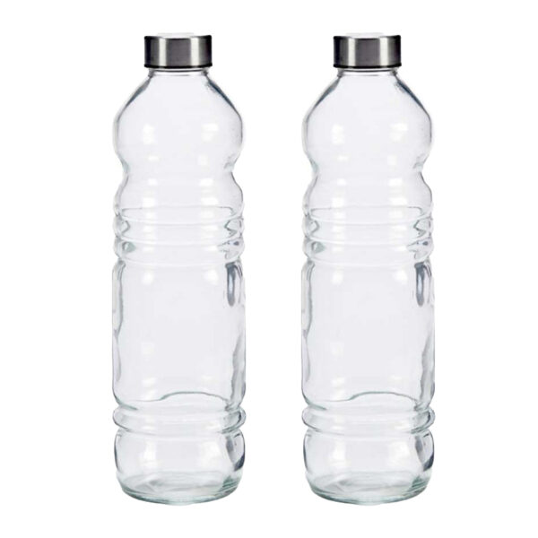 Glazen waterfles/drinkfles/sportfles - 2x - helder transparant - met RVS dop - 1100 ml