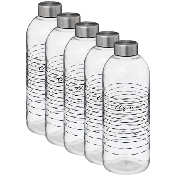 5Five waterfles/drinkfles - 5x - transparant glas - RVS dop - 1000 ml