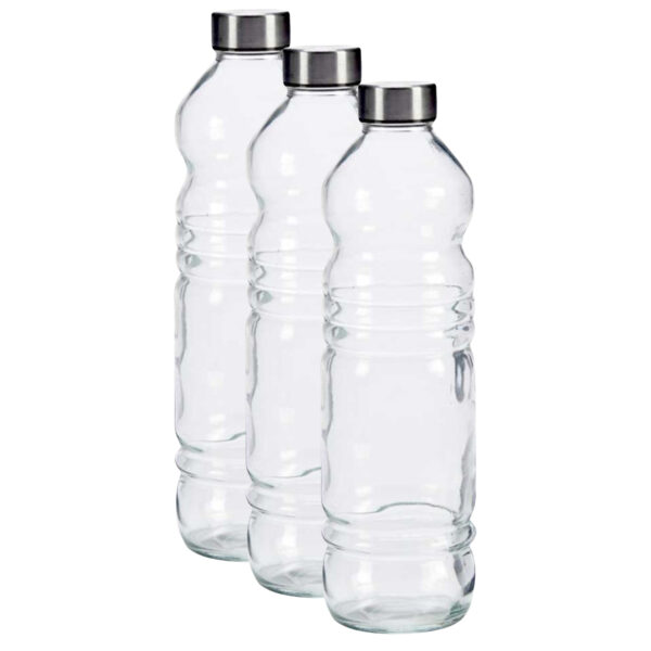 Glazen waterfles/drinkfles/sportfles - 3x - helder transparant - met RVS dop - 1100 ml