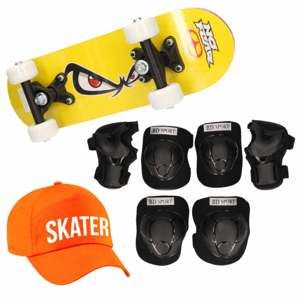 Skateboard set voor kinderen M 6-8 jaar/valbescherming/skater pet/skateboard met print 43 cm geel