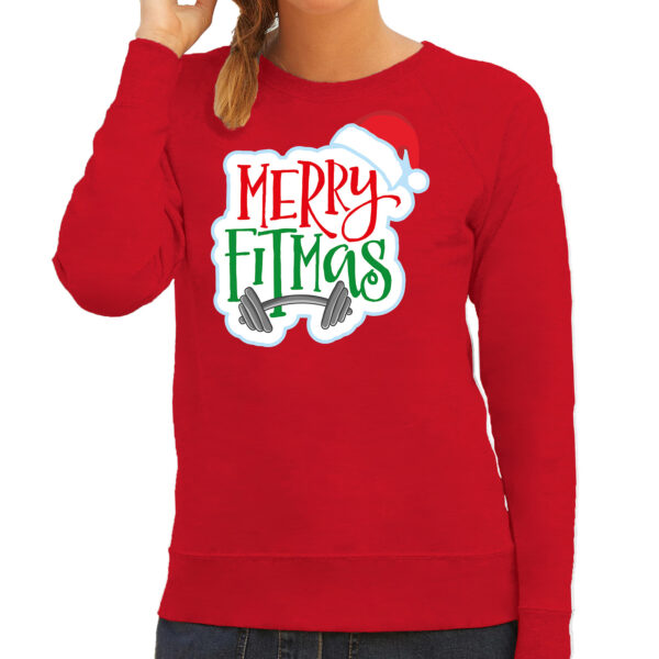 Rode Kersttrui / Kerstkleding Merry fitmas voor dames