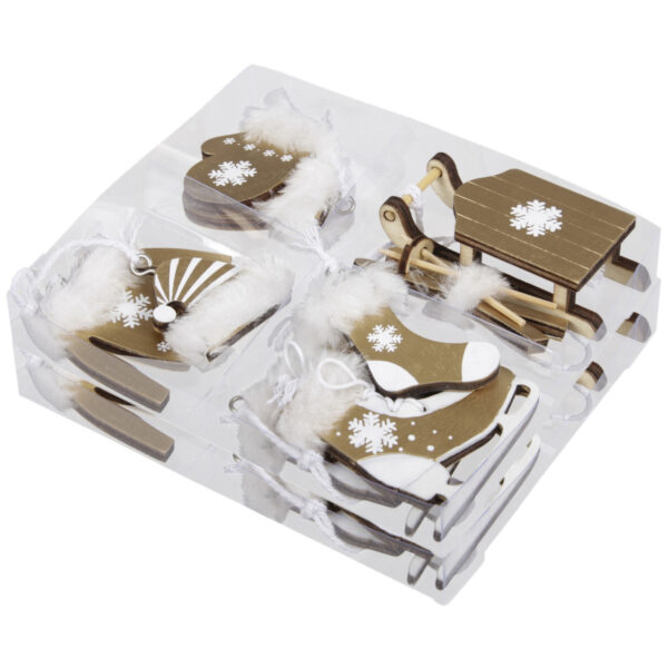 Kersthangers wintersport thema - 12x stuks - goud - hout - 5,5 cm