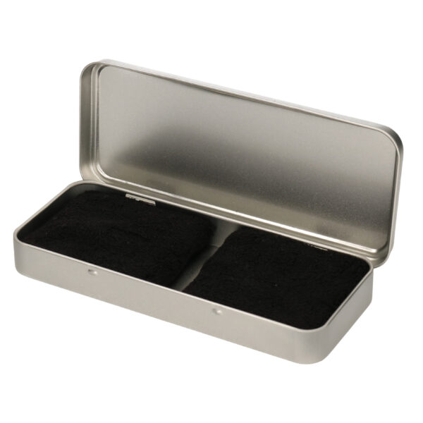 2x stuks zwarte sport zweetbandjes in metalen opslag/bewaar doosje