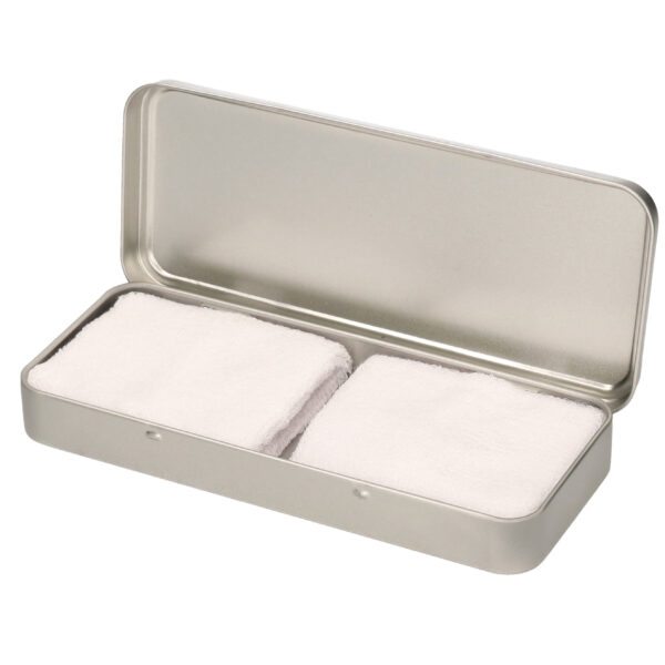 2x stuks witte sport zweetbandjes in metalen opslag/bewaar doosje