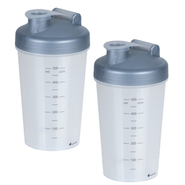 Shakebeker/shaker/bidon - 2x - 600 ml - grijs - kunststof