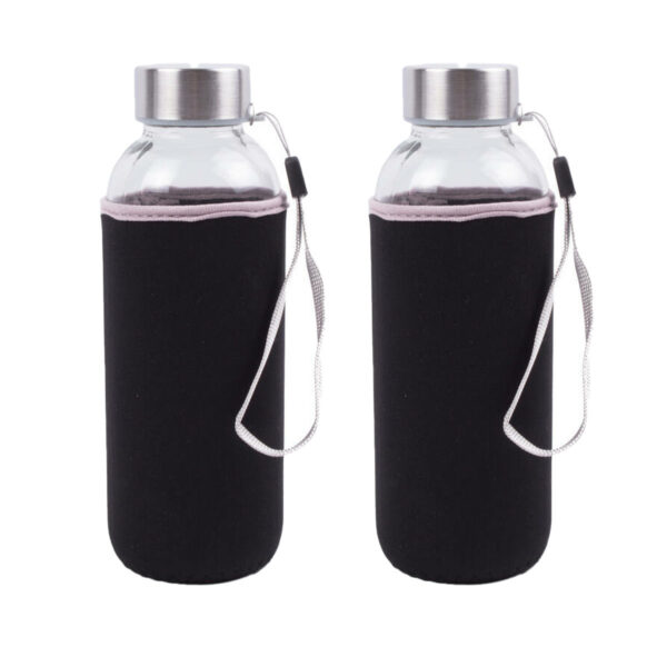 Drinkfles/waterfles - 2x - 420 ml - zwart - glas - met hoes - 6 x 19 cm