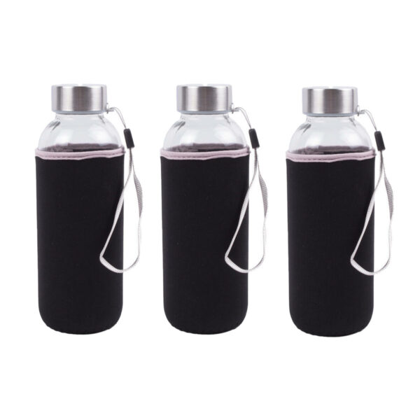 Drinkfles/waterfles - 3x - 420 ml - zwart - glas - met hoes - 6 x 19 cm