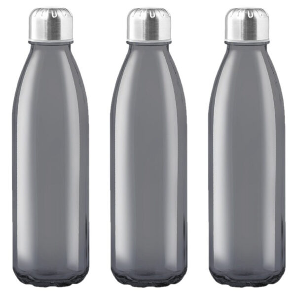 Glazen waterfles/drinkfles met RVS dop - 3x - zwart transparant - 650 ml - Sportfles - Bidon